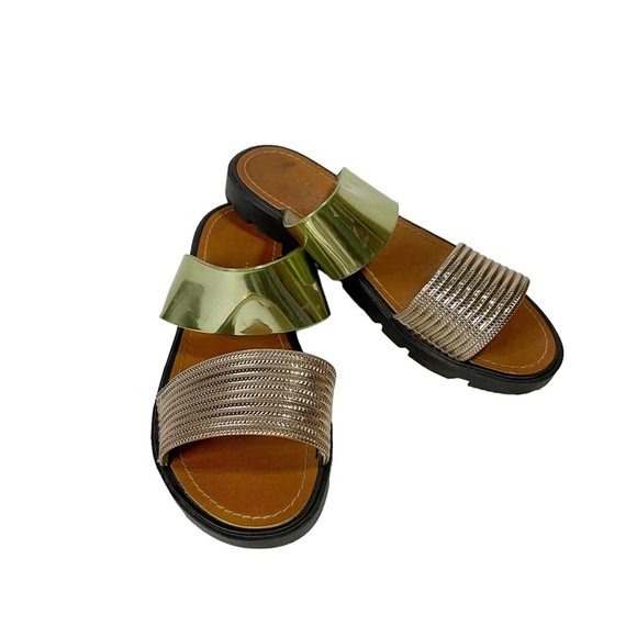 Electric Karma Boho Casual Double Strap Slip On Slide Sandals Size 8 Gold Accent - Picture 1 of 5